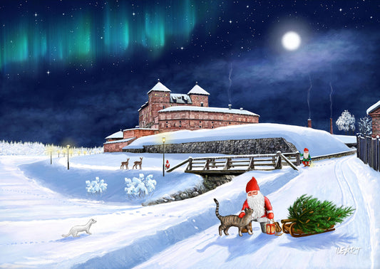 Joulukortti Hämeen linnan tontut yöllä