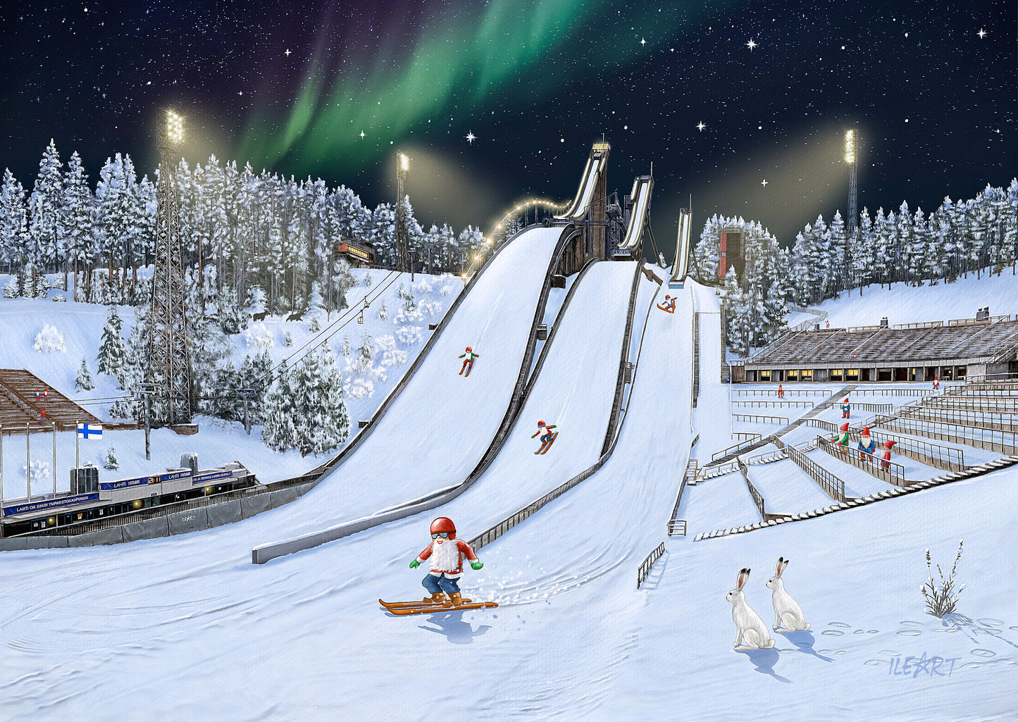 Joulukortti Lahden hyppyrimäet