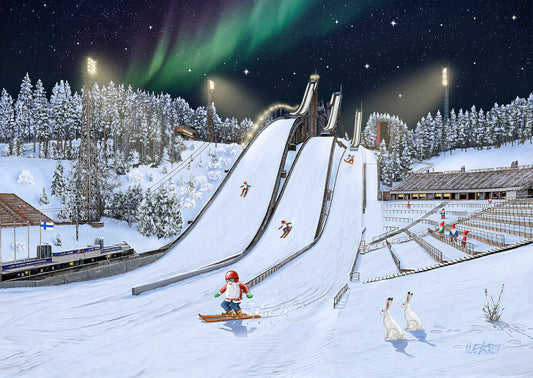 Joulukortti Lahden hyppyrimäet