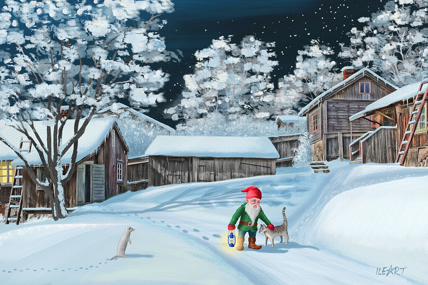 Joulukortti Luostarinmäen käsityöläismuseo yöllä